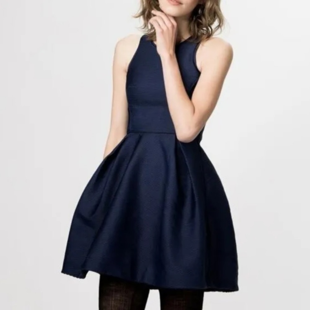 Maje Grease Fit and Flare Midnight Blue Marine Mini Dress Ribbed Textured